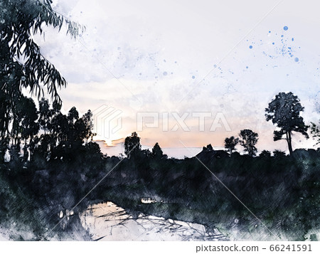 Abstract colorful shape on tree and field landscape watercolor illustration painting background. Abstract colorful shape on tree and field landscape watercolor illustration painting background. 66241591