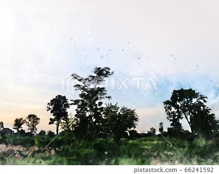 Abstract colorful shape on tree and field landscape watercolor illustration painting background. Abstract colorful shape on tree and field landscape watercolor illustration painting background. 66241592