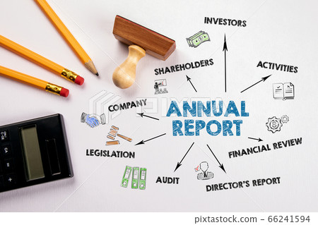 ANNUAL REPORT. Company, Investors, Financial Review and Legistation concept. Chart with keywords and 66241594