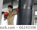 Caucasian muscular man in boxing gloves training exercise in gym fitness. workout punching bag fist 66243396