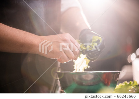 Adding leaf vegetable into bowl Adding leaf vegetable into bowl 66243660