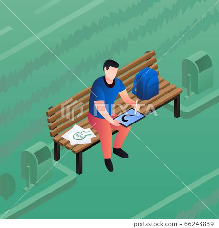Boy work at park bench concept background, isometric style Boy work at park bench concept background, isometric style 66243839