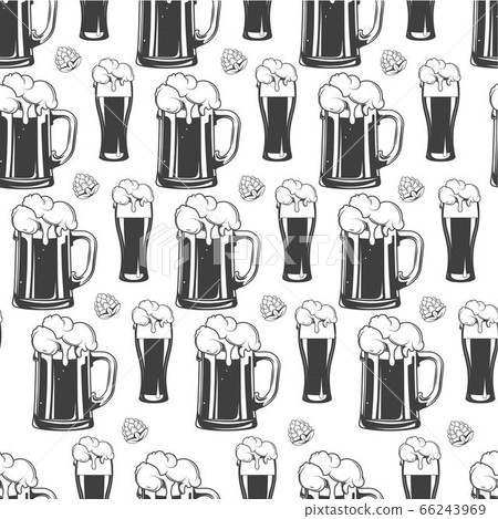 Pints of beer with foam, alcoholic beverage seamless pattern Pints of beer with foam, alcoholic beverage seamless pattern 66243969