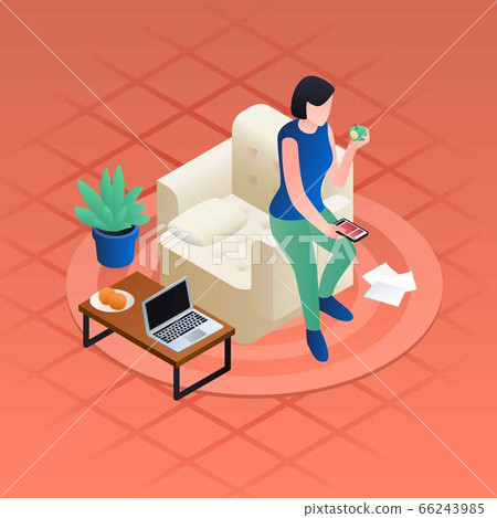 Woman home distant work concept background, isometric style Woman home distant work concept background, isometric style 66243985