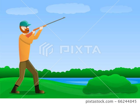 Hunter at lake concept banner, cartoon style 66244845