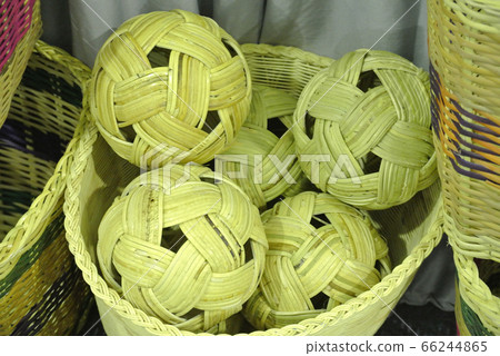 Sepak takraw ball made of woven rattan displayed for sale. 66244865