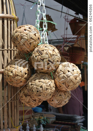 Sepak takraw ball made of woven rattan displayed for sale. 66244866
