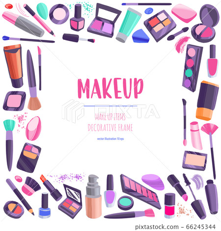 Hand drawn cosmetics set. Professional makeup items decorative border. Hand drawn cosmetics set. Professional makeup items decorative border. 66245344