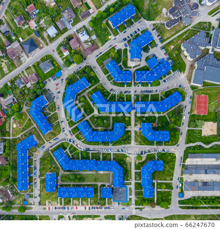 Aerial view of the housing estate with blue roofs. 66247670