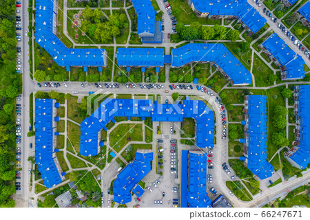 Aerial view of the housing estate with blue roofs. 66247671
