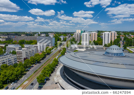Aerial photo of Spodek arena complex and modern city center of Katowice, Upper Silesia. Poland. Aerial photo of Spodek arena complex and modern city center of Katowice, Upper Silesia. Poland. 66247894