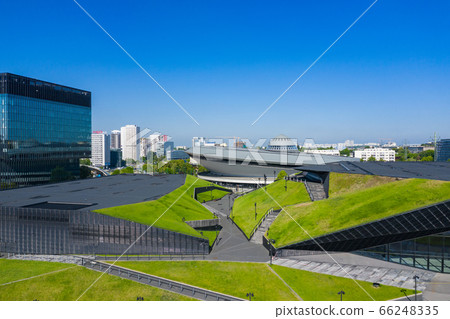 Katowice city center architecture. Aerial view of green grass terraces. Upper Silesia, Poland. 66248335