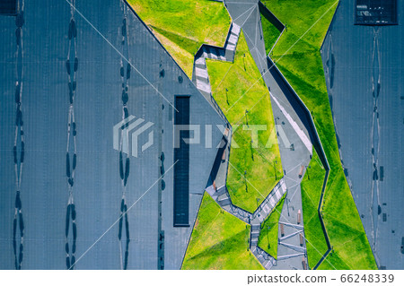 Katowice city center architecture. Aerial view of green grass terraces. Upper Silesia, Poland. 66248339