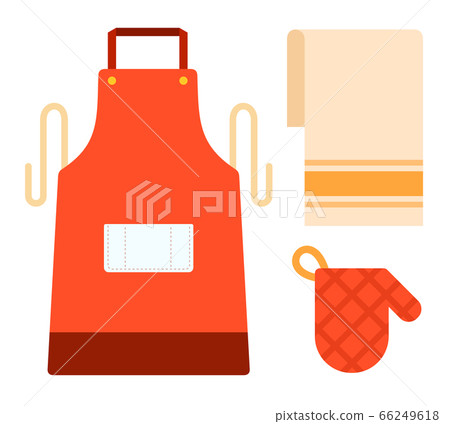 Apron, kitchen towel and potholder for hot dishes vector flat isolated Apron, kitchen towel and potholder for hot dishes vector flat isolated 66249618