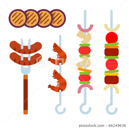 Pieces of eggplant. Pieces of meat, grilled sausages, shrimp and vegetables on a skewers flat isolated 66249636