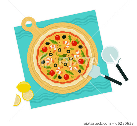 Round delicious pizza seafood. Vector flat illustrations. Favorite fast food. Tools for pizza. Round delicious pizza seafood. Vector flat illustrations. Favorite fast food. Tools for pizza. 66250632
