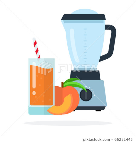 Blender, peach juice in a glass with straws, peach and a slice of peach vector flat isolated Blender, peach juice in a glass with straws, peach and a slice of peach vector flat isolated 66251445