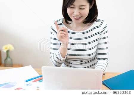 A middle-aged woman making a videophone toward a personal computer A middle-aged woman making a videophone toward a personal computer 66253368