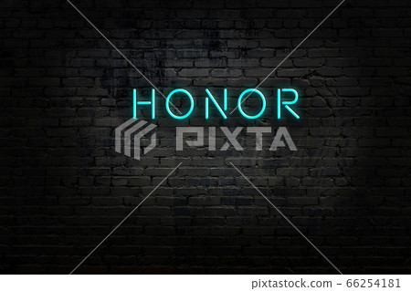 Night view of neon sign on brick wall Night view of neon sign on brick wall 66254181