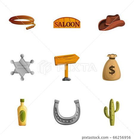 Cowboy tools icon set, cartoon style Cowboy tools icon set, cartoon style 66256956