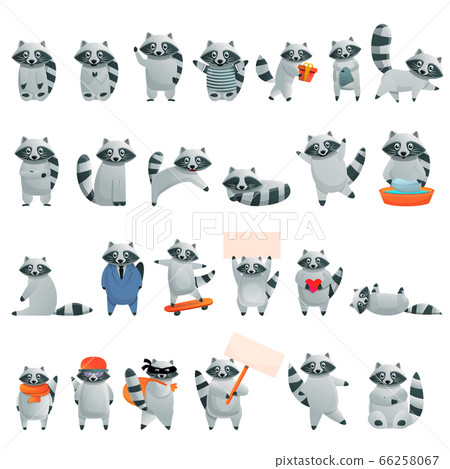 Raccoon icons set, cartoon style Raccoon icons set, cartoon style 66258067