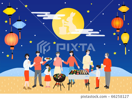 Large family lanterns having a barbecue while watching the moon during the Mid-Autumn Festival 66258127