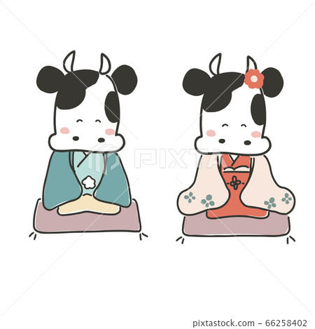 Cute cow couple wearing kimono 66258402