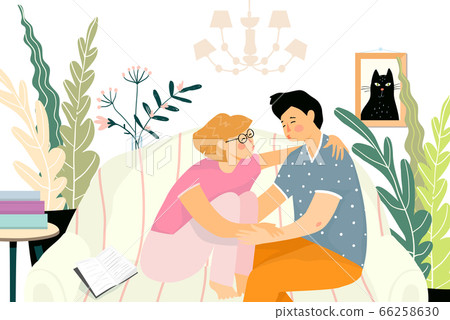 Lovers first kiss at home on the sofa,… - Stock Illustration