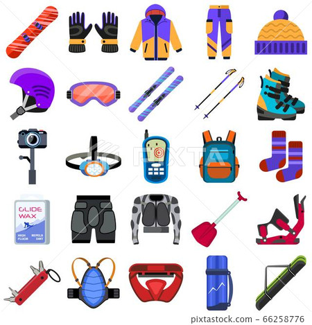 Snowboarding equipment icons set, flat style Snowboarding equipment icons set, flat style 66258776