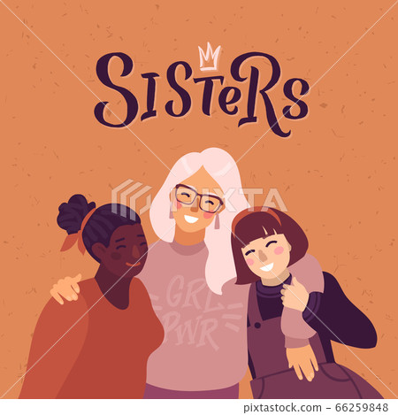 Happy women or girls standing together and hug over the shoulders. Group of female friends Happy women or girls standing together and hug over the shoulders. Group of female friends 66259848