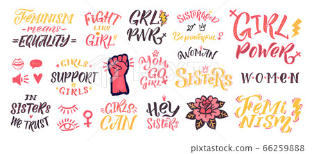Feminism vector quote and icon set. Hand lettering quotes. Feminist sticker elements 66259888