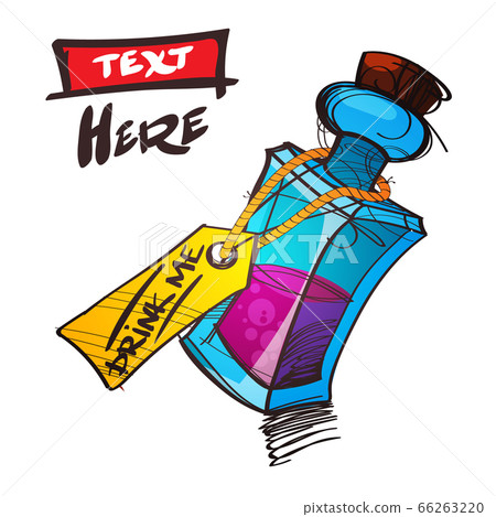 A glass vial with a pink liquid is a sketch of the logo. Element for infographics in the hand drawing style A glass vial with a pink liquid is a sketch of the logo. Element for infographics in the hand drawing style 66263220