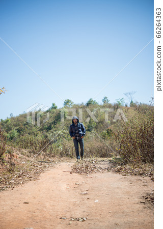 Hiker with backpack walking through forest 66264363