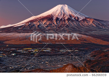 Mt. Fuji and the cityscape of Oshino at sunrise seen from Mt. 66266939