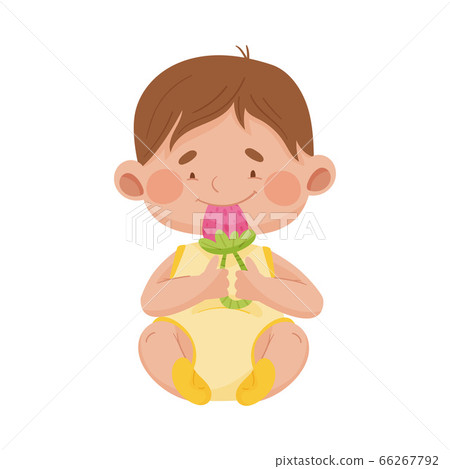 Baby Boy Sitting on the Floor Holding Rattle Toy Vector Illustration 66267792
