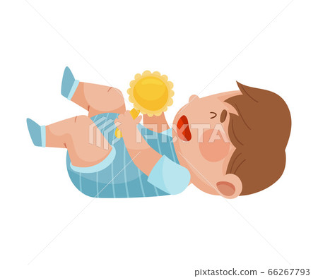 Baby Boy Lying on the Floor Holding Rattle Toy Vector Illustration 66267793