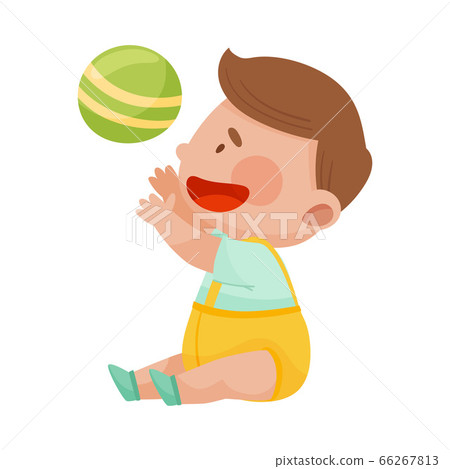 Baby Boy Sitting On The Floor And Throwing Ball Stock Illustration