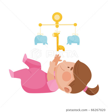 Baby Girl Lying on the Floor Looking Up at Rattle Toy Vector Illustration 66267820
