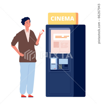 Ticket vending machine. Man buy card, cinema time. Flat movie theater visitor vector illustration Ticket vending machine. Man buy card, cinema time. Flat movie theater visitor vector illustration 66267943