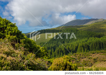 Hills over fields. Terceira island in Azores with blue sky and clouds. Hills over fields. Terceira island in Azores with blue sky and clouds. 66268804