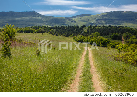Summer field with road and clouds in blue sky. Summer field with road and clouds in blue sky. 66268969