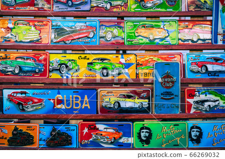 Traditional handcrafted vehicle registration plates like souvenirs for sale in La Havana, Cuba. Traditional handcrafted vehicle registration plates like souvenirs for sale in La Havana, Cuba. 66269032