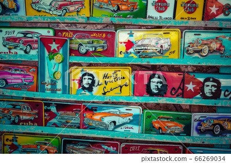 Traditional handcrafted vehicle registration plates like souvenirs for sale in La Havana, Cuba. Traditional handcrafted vehicle registration plates like souvenirs for sale in La Havana, Cuba. 66269034