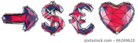 Symbol collection arrow, dollar, euro, heart made of red glass. Collection symbols of low poly style red color glass isolated on white background 66269628