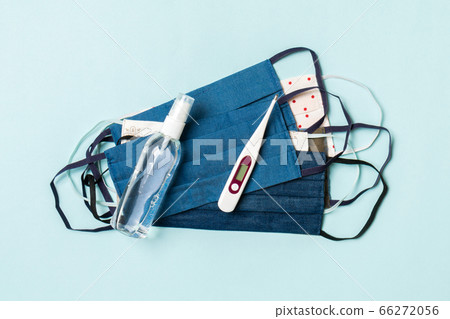 Top view of handmade cotton masks, alcohol hand 66272056
