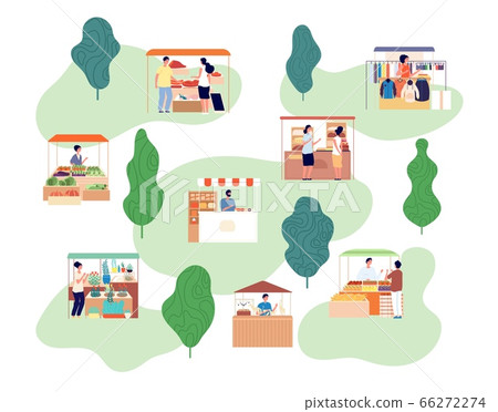 Food market. Pastry bread stand, owner and customer. Farmer sell fresh products, local business. Flat buyers marketplace vector illustration 66272274