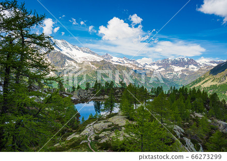 Alpine lake in idyllic environment amid rocks and 66273299