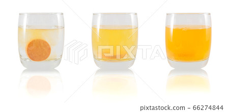 Collage of vitamin c tablet pills with orange flavor dissolving in glass of water isolated on white background. Vitamin mineral supplement nutrition drinks for health care, medication and treatment. 66274844