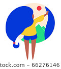 woman with long hair opening curtains at the morning looking outdoor on sun and hills. 66276146