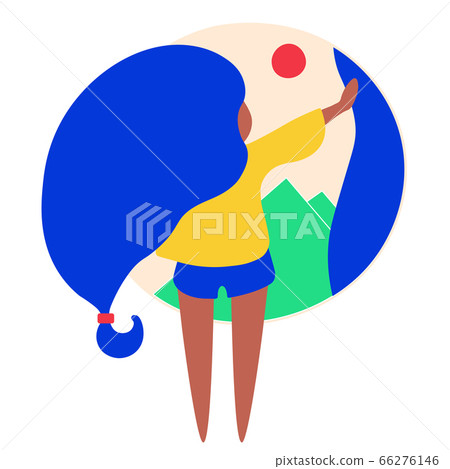 woman with long hair opening curtains at the morning looking outdoor on sun and hills. woman with long hair opening curtains at the morning looking outdoor on sun and hills. 66276146
